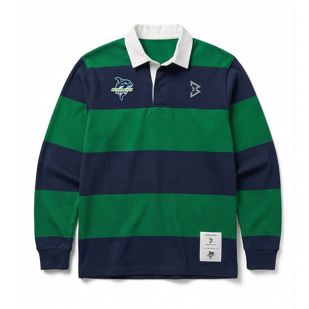 Beast Mode Seattle Seawolves Rugby Shirt Mens Green Navy  Striped Long Sleeve
